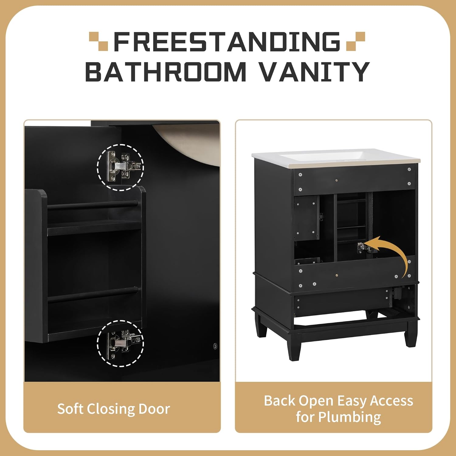 24 Inch Bathroom Vanity with Sink, Freestanding Bathroom Sink Cabinet with 3 Drawers and Storage Door Rack Organizer, Solid Wood Legs, Black