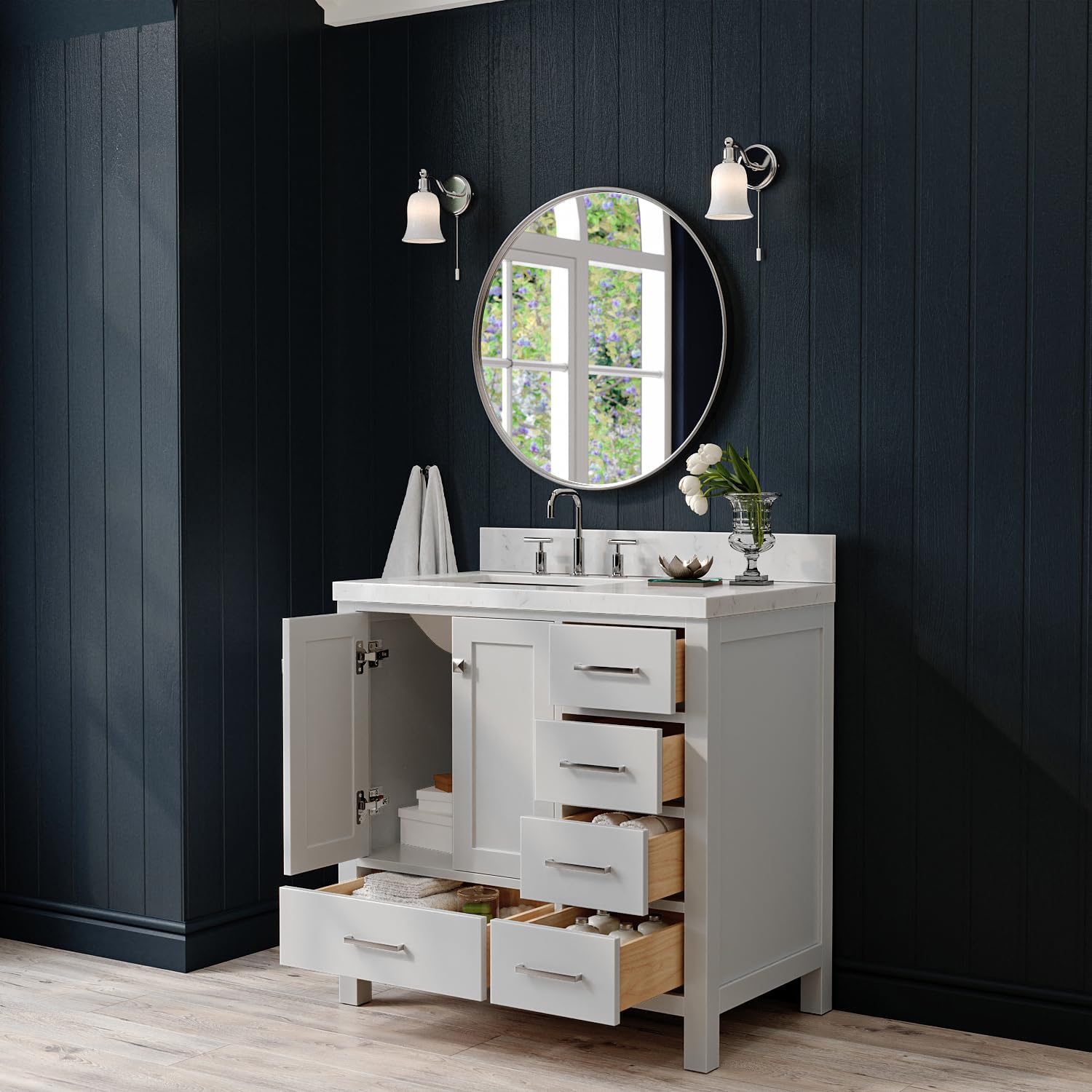 ARIEL Cambridge 36-inch Bathroom Vanity with Sink,Solid Wood, 1.5-inch Carrara White Quartz Countertop, Single Rectangular Porcelain Sink, 2 Soft Closing Doors, 5 Dovetail Drawers, Grey