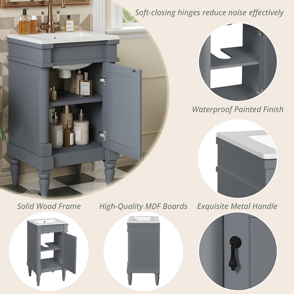 VilroCaz Modern 18'' Bathroom Vanity with Top Sink, Freestanding Bathroom Storage Cabinet with Door and Adjustable Shelf, Single Sink Cabinet with Nordic Style Legs (Gray-Retro)