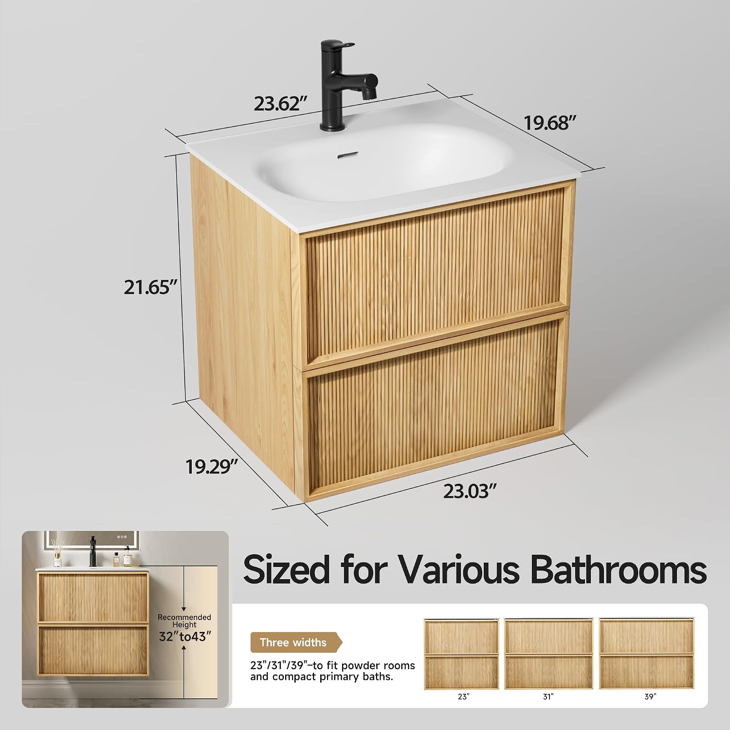 24' Japandi Floating Bathroom Vanity with Sink, Pre-Assembled Japandi Bathroom Sink Vanity, Wall Mounted with Integrated Stone Top and 2 Soft Close Drawers