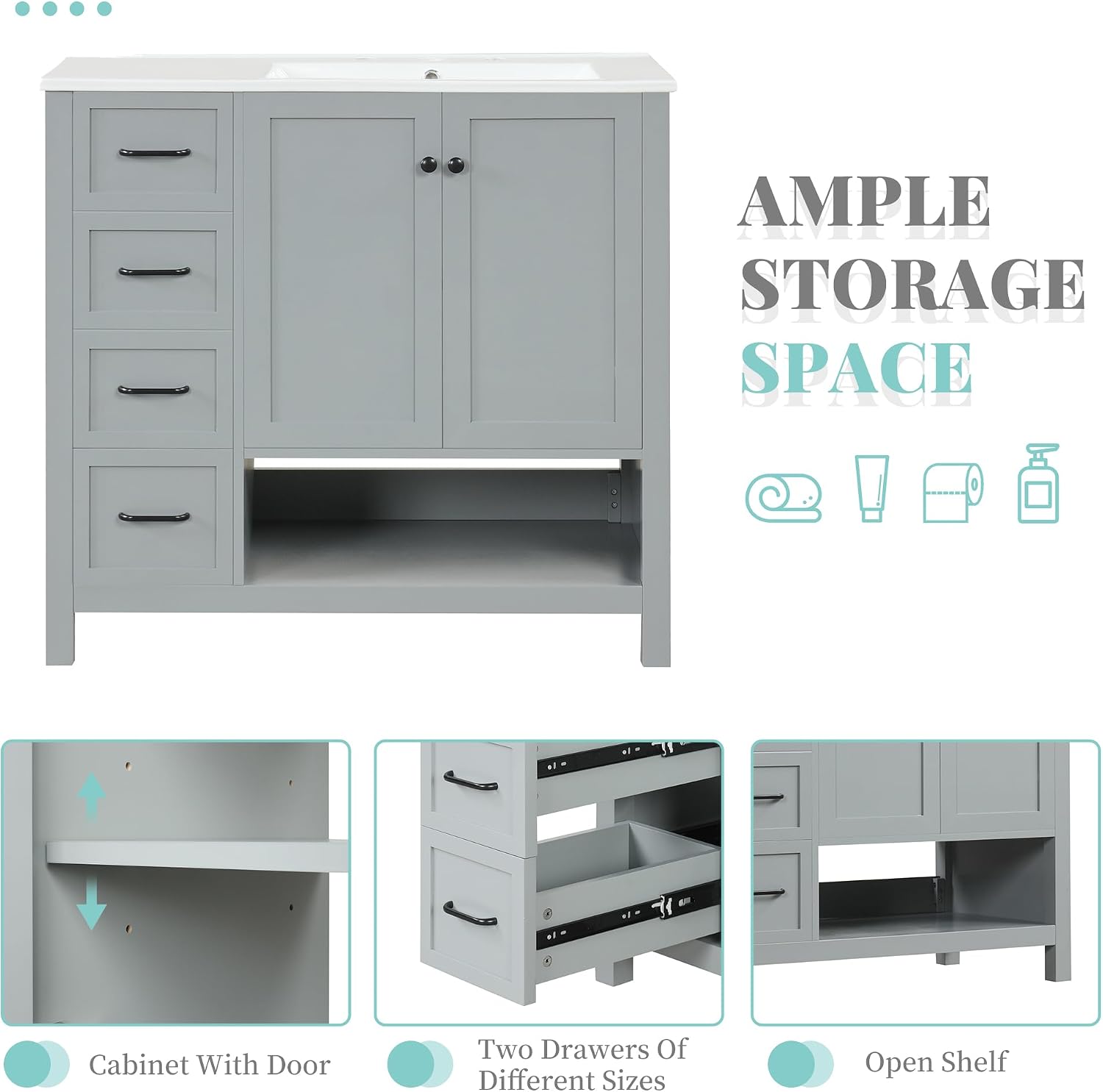 LUMISOL 36' Bathroom Vanity with Ceramic Sink, Modern Bathroom Vanities with 2 Drawers, Soft-Close Doors & Open Shelf, Solid Wood Bathroom Sink Cabinet with Offset Sink, Gray