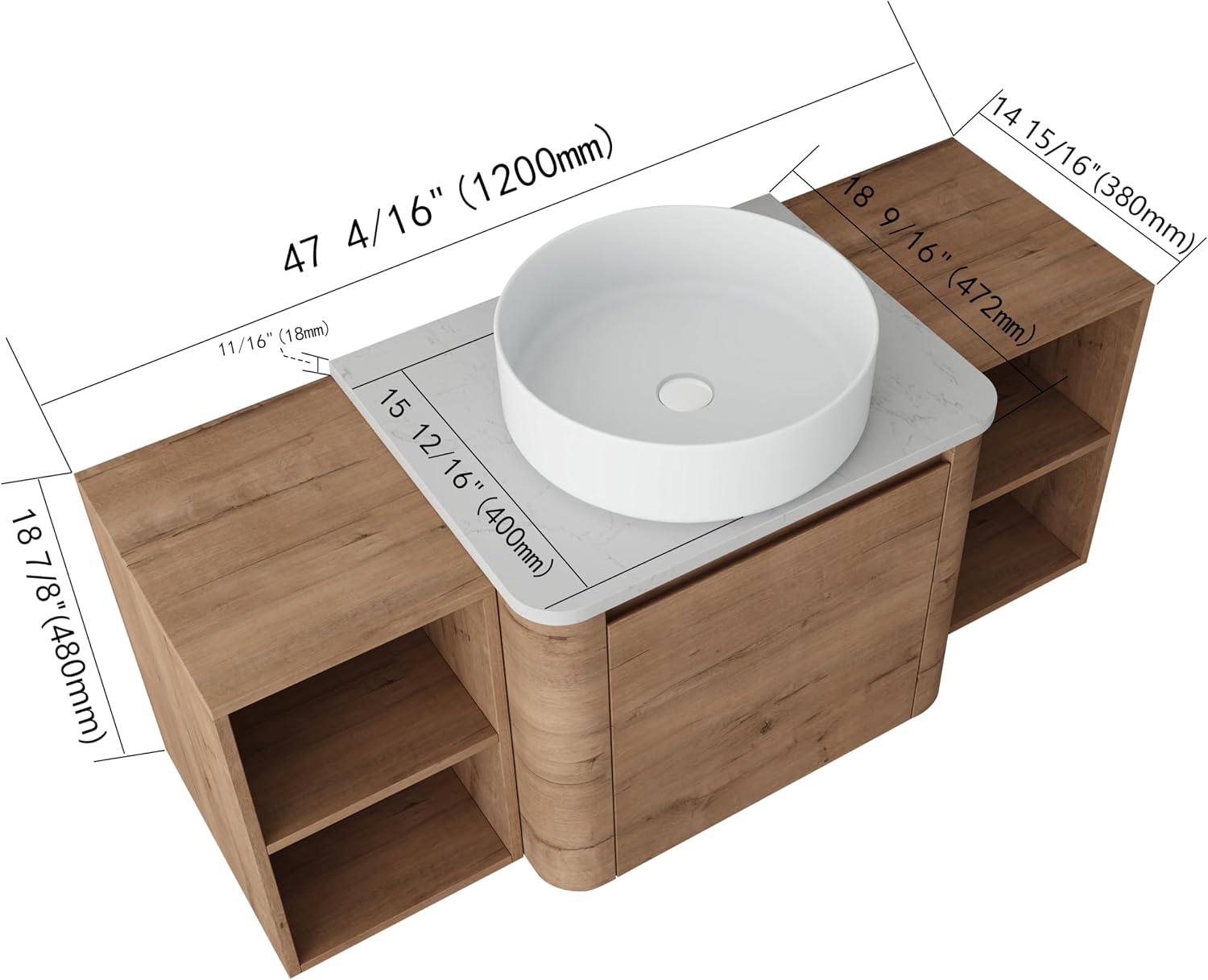 48 Inch Wall-Mounted Bathroom Vanity with Sink Combo Modern Floating Bathroom Vanitites with Round Ceramic Vessel Sink 48' Bathroom Sink Cabinet with Marble Counter Top & 2 Side Storage Shelves