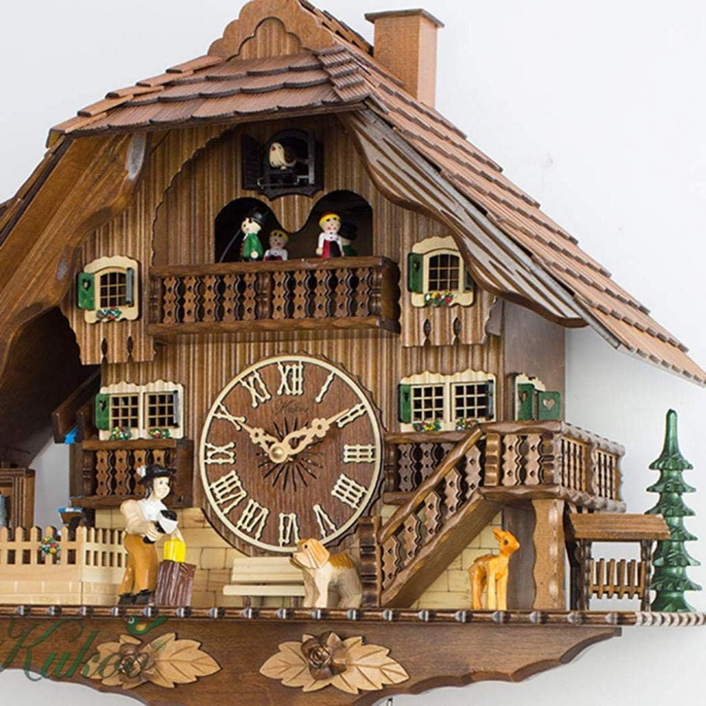 Cuckoo Clock Solid Wood Hand Carved Villa with Music and Rotating Doll, Quartz Wooden Wall Clock with Adjustable Volume and Night Sensor for Home and Office