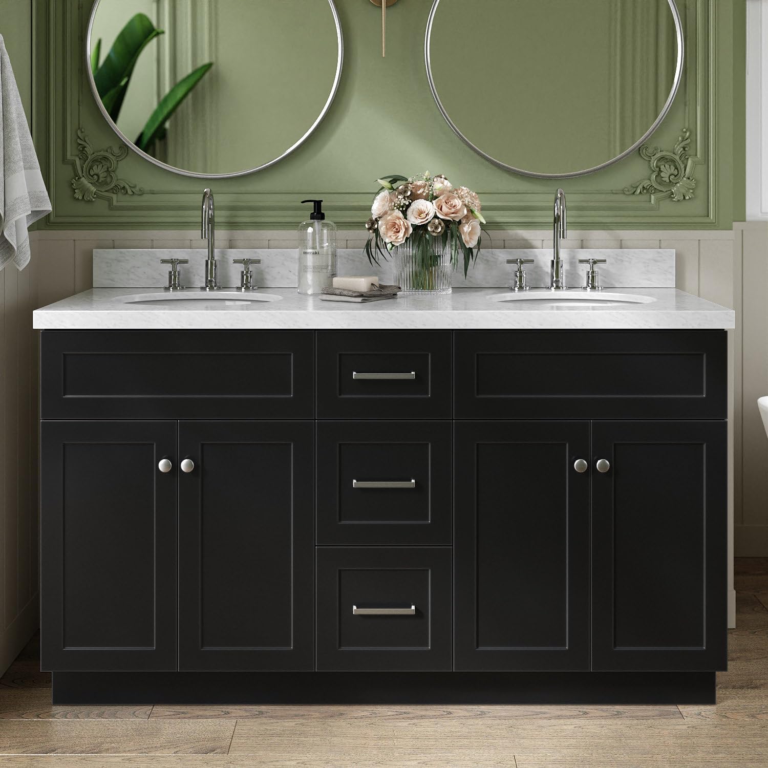 ARIEL Hamlet 60-inch Bathroom Vanity with Sink,Solid Wood, 1.5-inch Italian Carrara Marble Countertop & Backsplash, Double Oval Porcelain Sink, 4 Soft Closing Doors, 3 Dovetail Drawers, Black