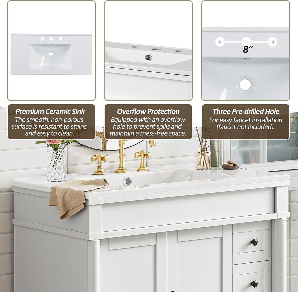 Favfurish 36' Bathroom Vanity with Ceramic Sink,Freestanding Bath Cabinet w/Soft Closing Doors,Adjustable Shelves,Modern Storage Vanity Cabinet for Smaill and Medium Bathrooms,White