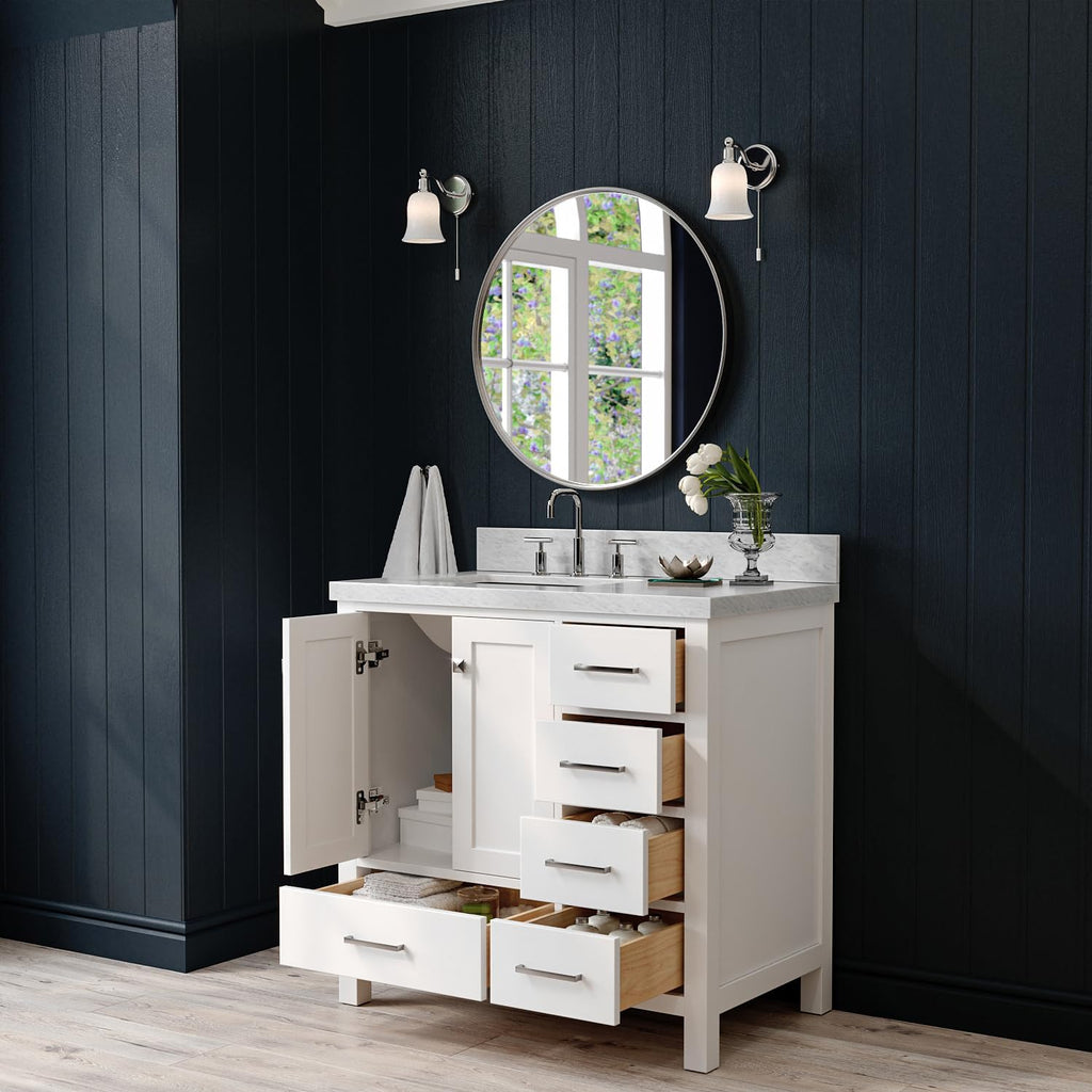 ARIEL Cambridge 36-inch Bathroom Vanity with Sink,Solid Wood, 1.5-inch Italian Carrara Marble Countertop, Single Rectangular Porcelain Sink, 2 Soft Closing Doors, 5 Dovetail Drawers, White