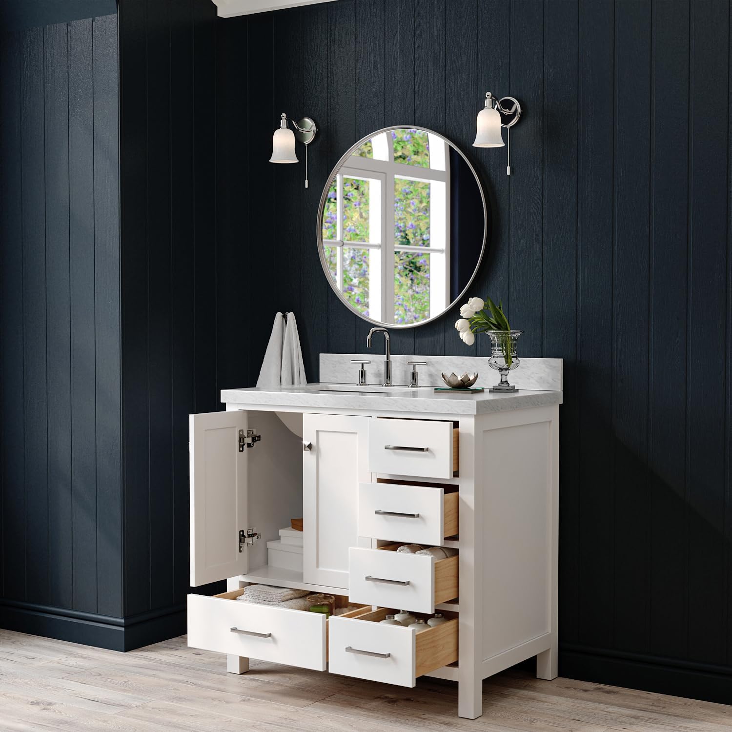 ARIEL Cambridge 36-inch Bathroom Vanity with Sink,Solid Wood, 1.5-inch Italian Carrara Marble Countertop, Single Rectangular Porcelain Sink, 2 Soft Closing Doors, 5 Dovetail Drawers, White