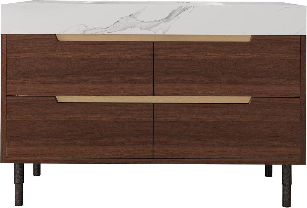 36' Bathroom Vanity with Undermount Sink Set, Modern 2-IN-1 Wall Mounted & Freestanding Bathroom Vanities Cabinet with Sintered Stone top&4 Storage Drawers, Walnut Single Bathroom Sink Cabinet