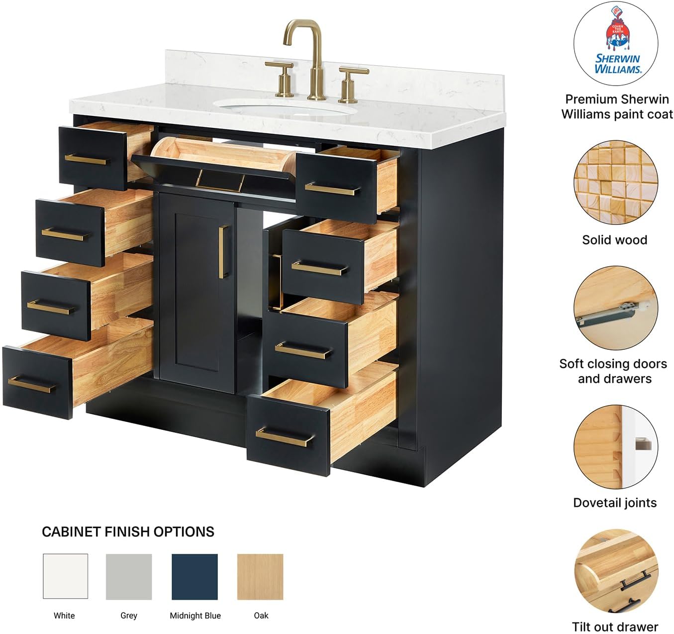 DKB Isabella 42-Inch Black Bathroom Vanity with Sink, 1.5-Inch Mitered Carrara White Quartz Countertop & 4-Inch Backsplash, Oval Sink, Solid Wood Frame, Soft-Close Drawer, Modern Hardware