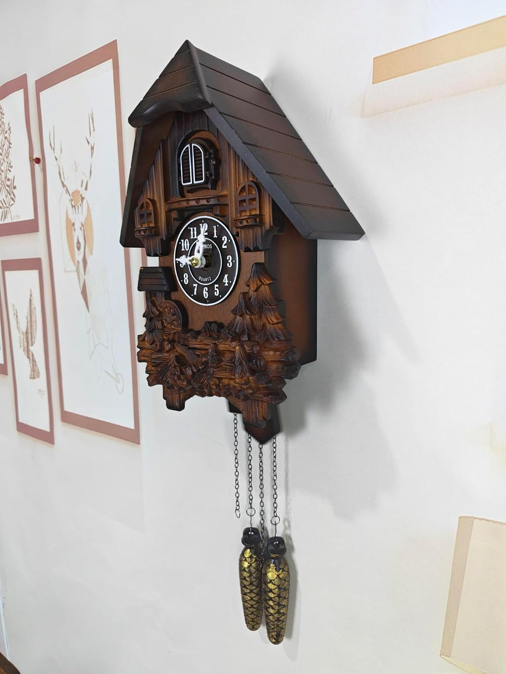 Cuckoo Clock with Night Mode, Hand Carved Decorations and Swinging Pendulum