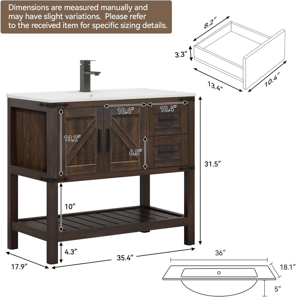 YOURLITE 36' Bathroom Vanity with Sink Combo, Rustic Farmhouse Vanity Cabinet with Under Mount Sink and Faucet, Two Sliding Drawers and Open Shelf, Rustic Brown