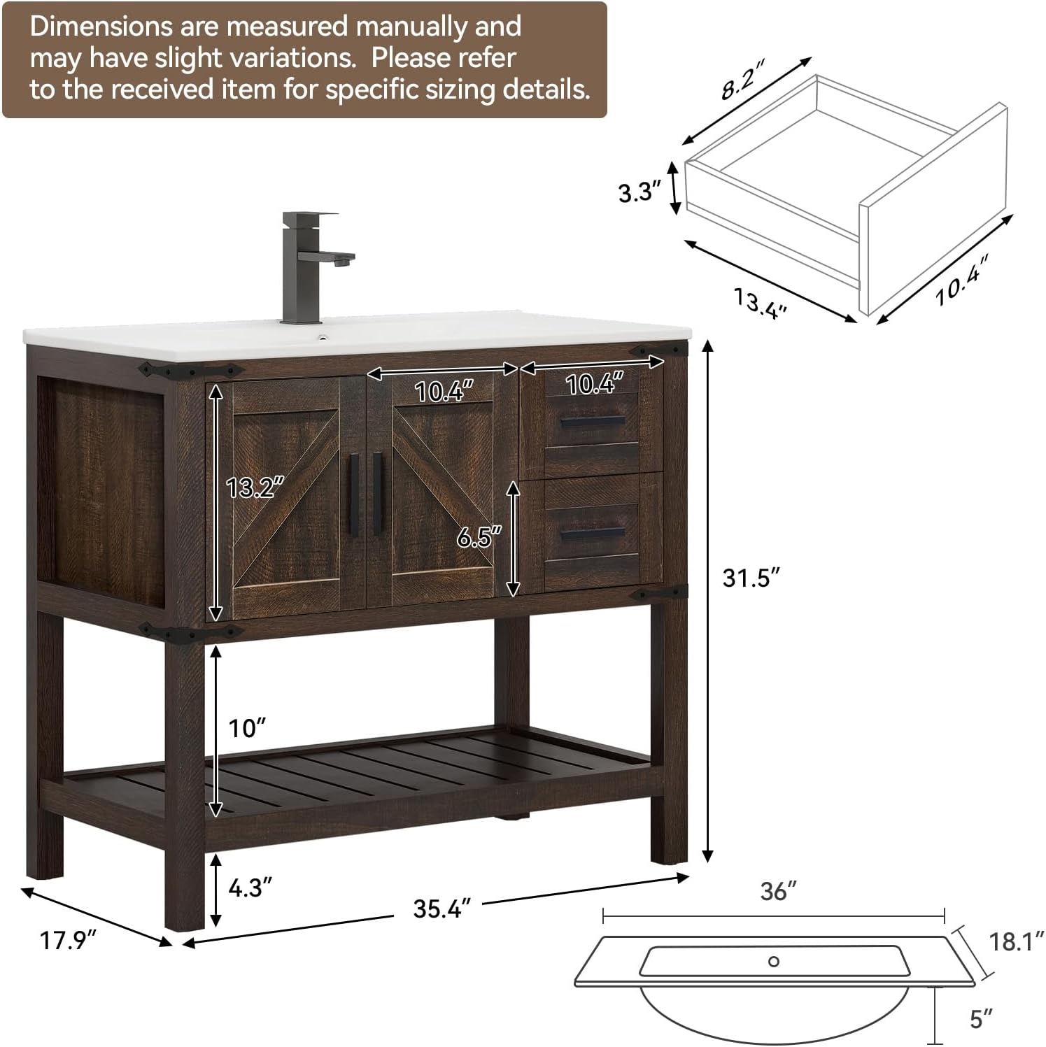 YOURLITE 36' Bathroom Vanity with Sink Combo, Rustic Farmhouse Vanity Cabinet with Under Mount Sink and Faucet, Two Sliding Drawers and Open Shelf, Rustic Brown