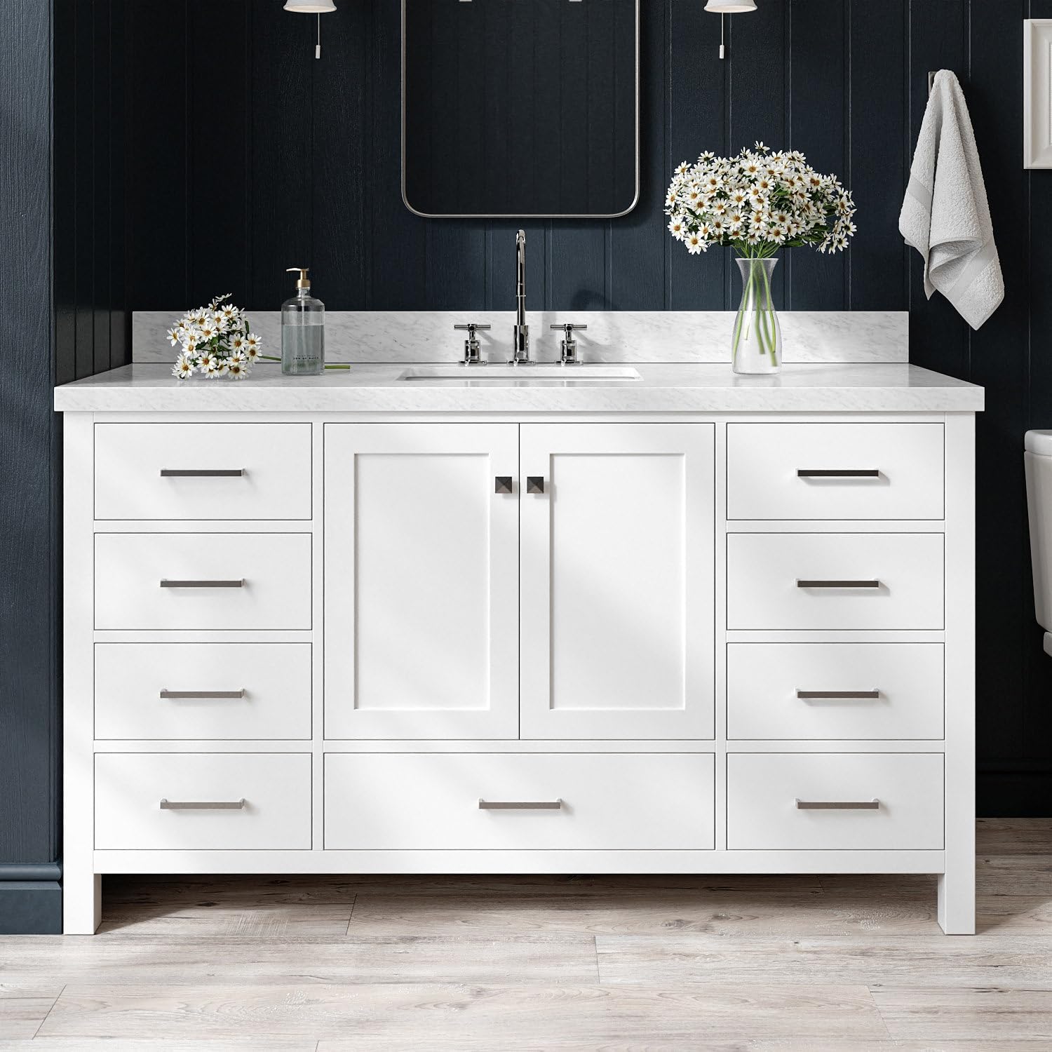 ARIEL Cambridge 60-inch Bathroom Vanity with Sink,Solid Wood, 1.5-inch Italian Carrara Marble Countertop, Single Rectangular Porcelain Sink, 2 Soft Closing Doors, 9 Dovetail Drawers, White