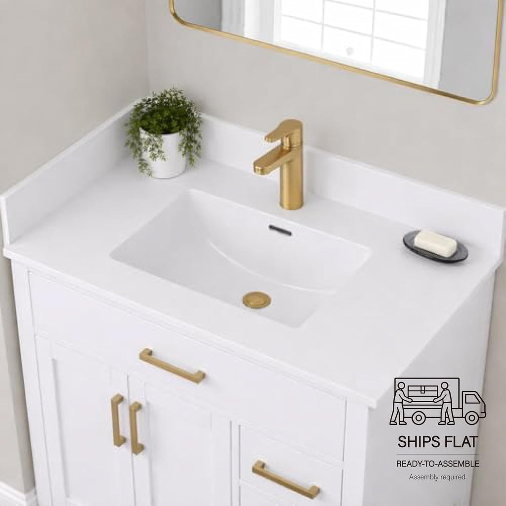 31' W x 22' D Solid Surface Polyurethane Resin Streamline Vanity Top with Sink, Durable, Consistent Color, Easy-to-Clean, Built-in Overflow (Solid Surface Resin Vanity Top)