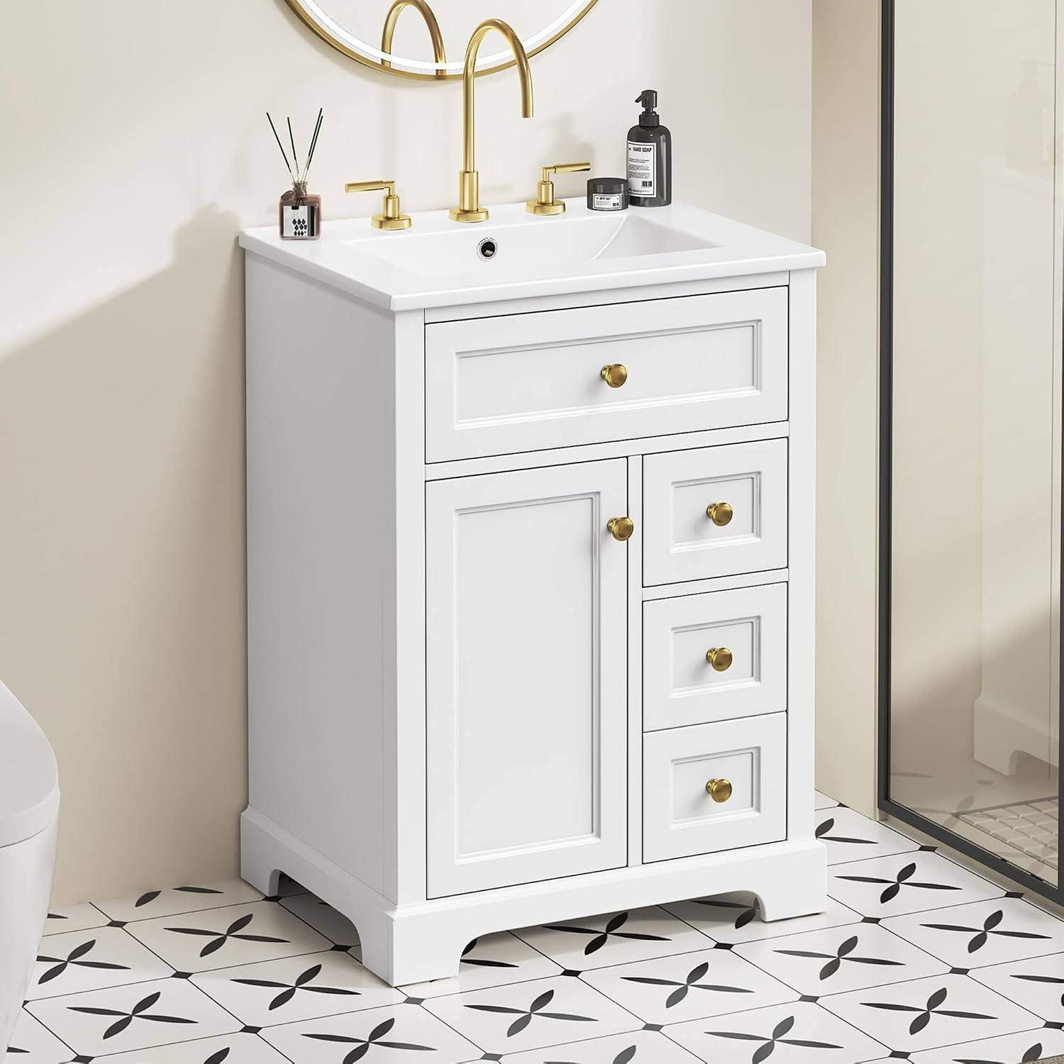 Bathroom Vanity with Sink 24 Inch, Tip-Out Drawer and Door Rack, Adjustable Shelf, Soft-Closing Drawers and Door, White