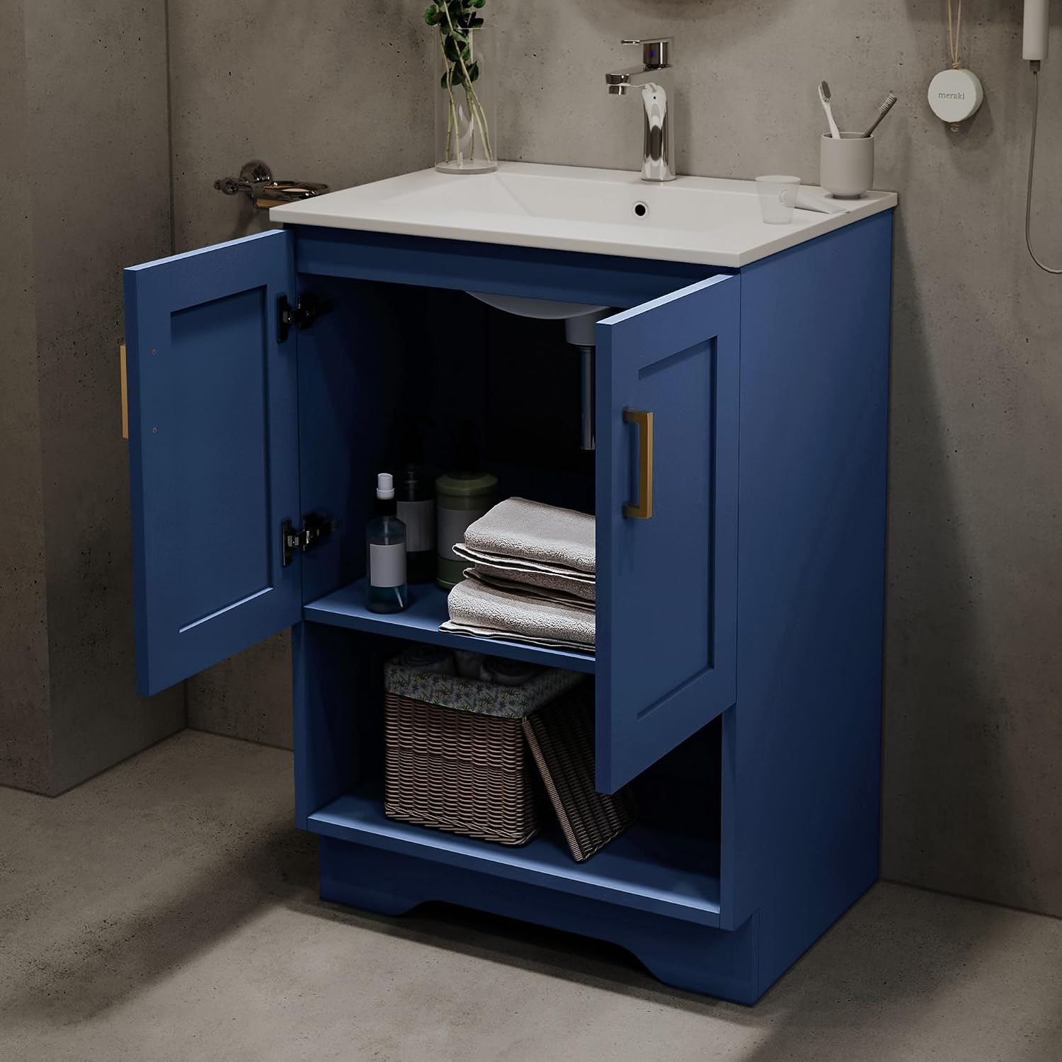 24 Inch Modern Bathroom Vanity with Ceramic Sink - Freestanding Cabinet 2 Soft-Close Doors & 1 Open Shelf, White Space-Saving Design for Powder Rooms (Blue)