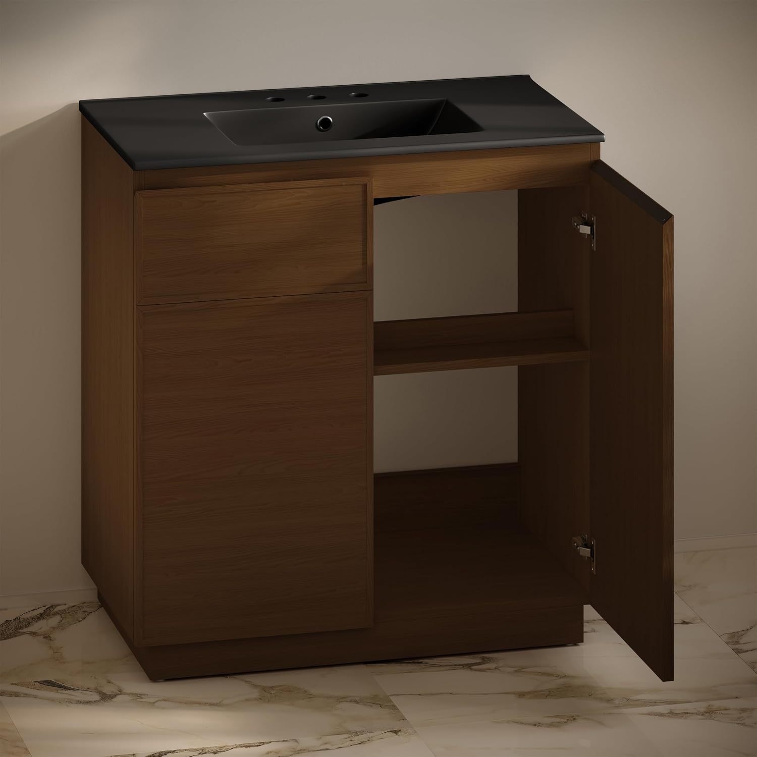 St. Tropez 36' Freestanding Bathroom Vanity in Brown Oak with Black 3-Hole Widespread Sink Top