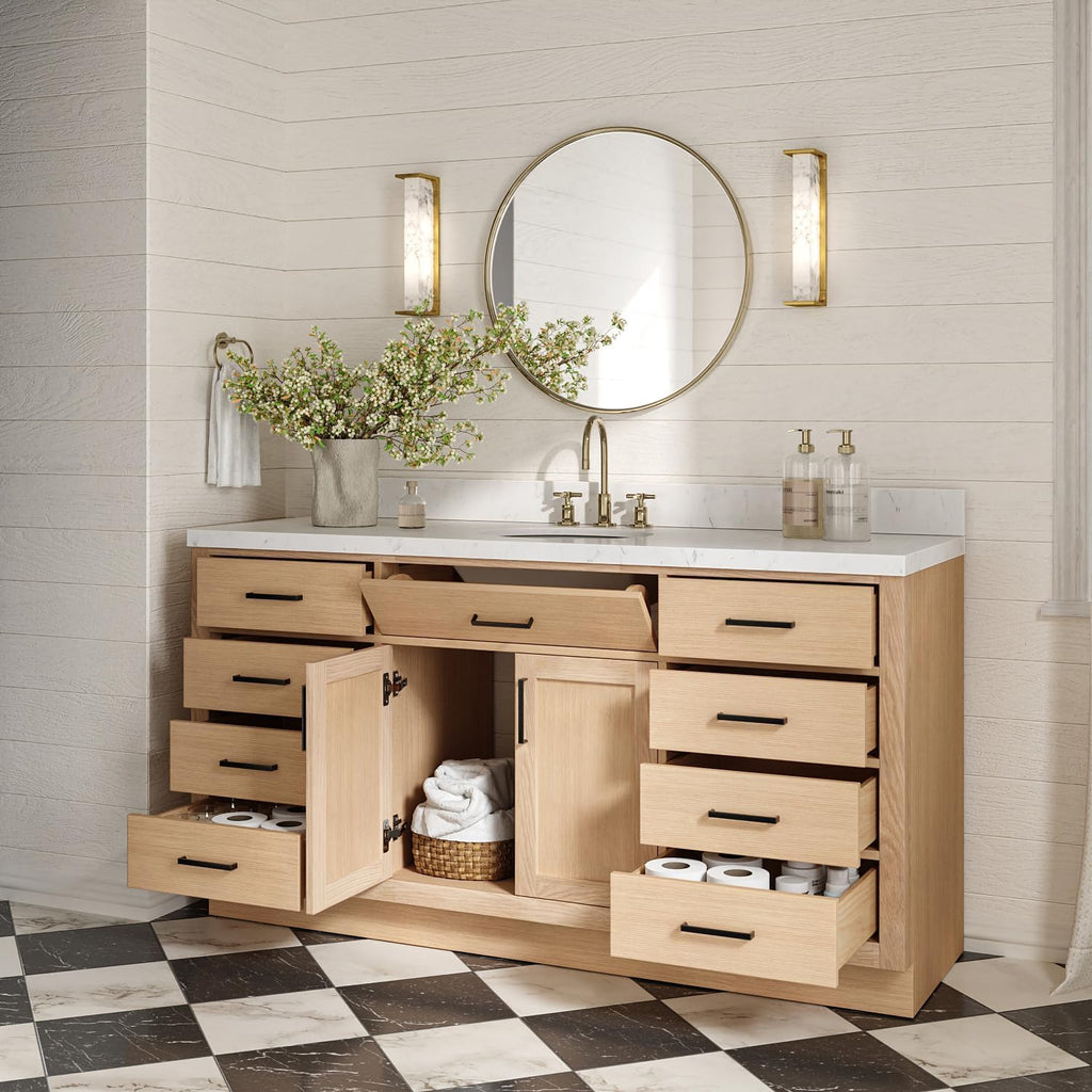 ARIEL Hepburn 66-inch Bathroom Vanity with Sink,Solid Wood, 1.5-inch Carrara White Quartz Countertop & Backsplash, Single Oval Porcelain Sink, 2 Soft Closing Doors, 9 Dovetail Drawers, White Oak