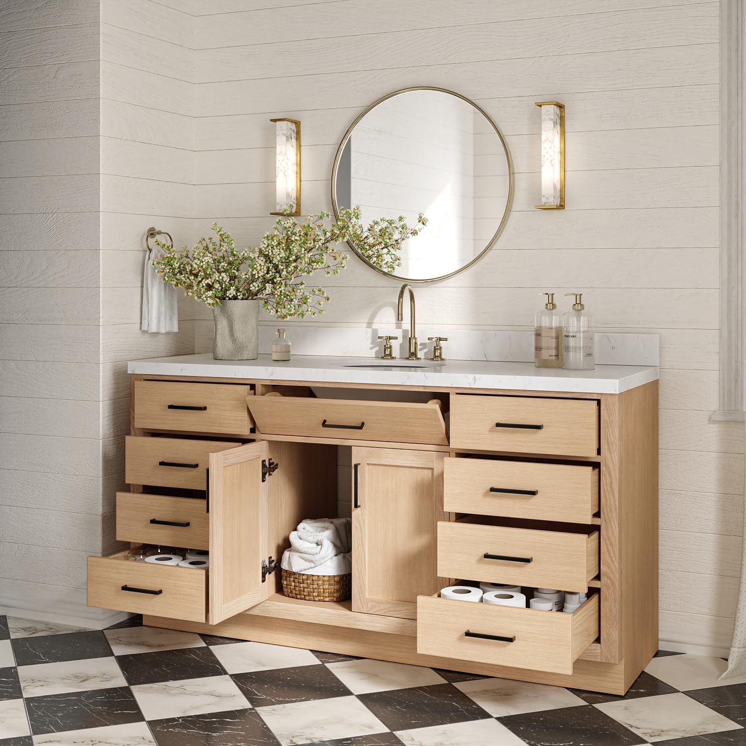 ARIEL Hepburn 66-inch Bathroom Vanity with Sink,Solid Wood, 1.5-inch Carrara White Quartz Countertop & Backsplash, Single Oval Porcelain Sink, 2 Soft Closing Doors, 9 Dovetail Drawers, White Oak
