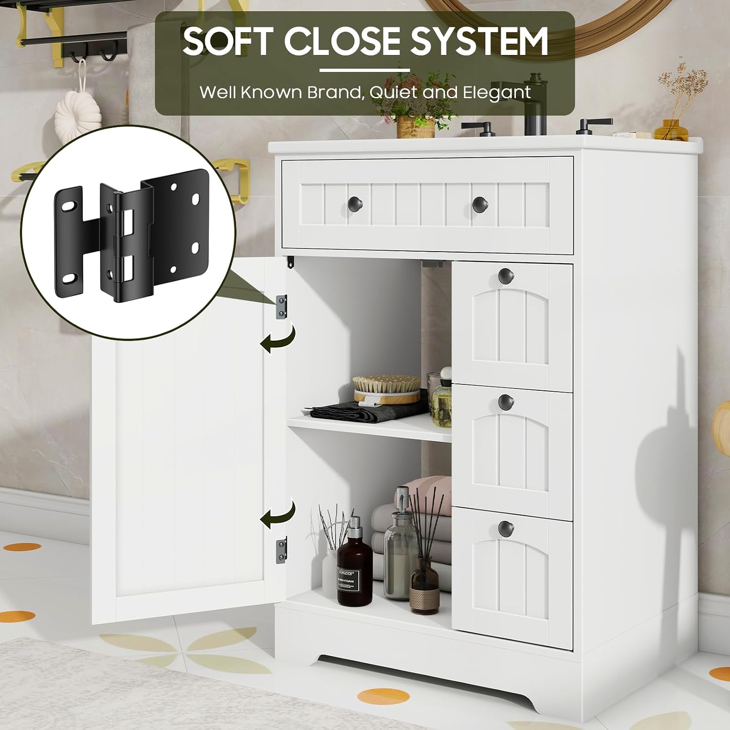 Vabches Bathroom Vanity with Sink Combo, Freestanding Bathroom Storage Cabinet with 4 Drawers and Sliding Door, Vintage Vanity Cabinet with Ceramic Sink, White