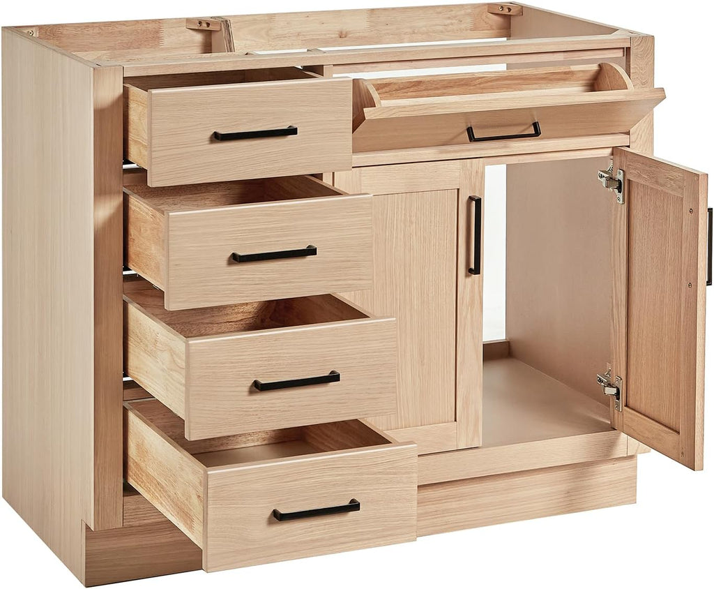 ARIEL Hepburn 42-inch Bathroom Vanity Base Cabinet,Solid Wood, 2 Soft Closing Doors, 5 Dovetail Drawers, White Oak