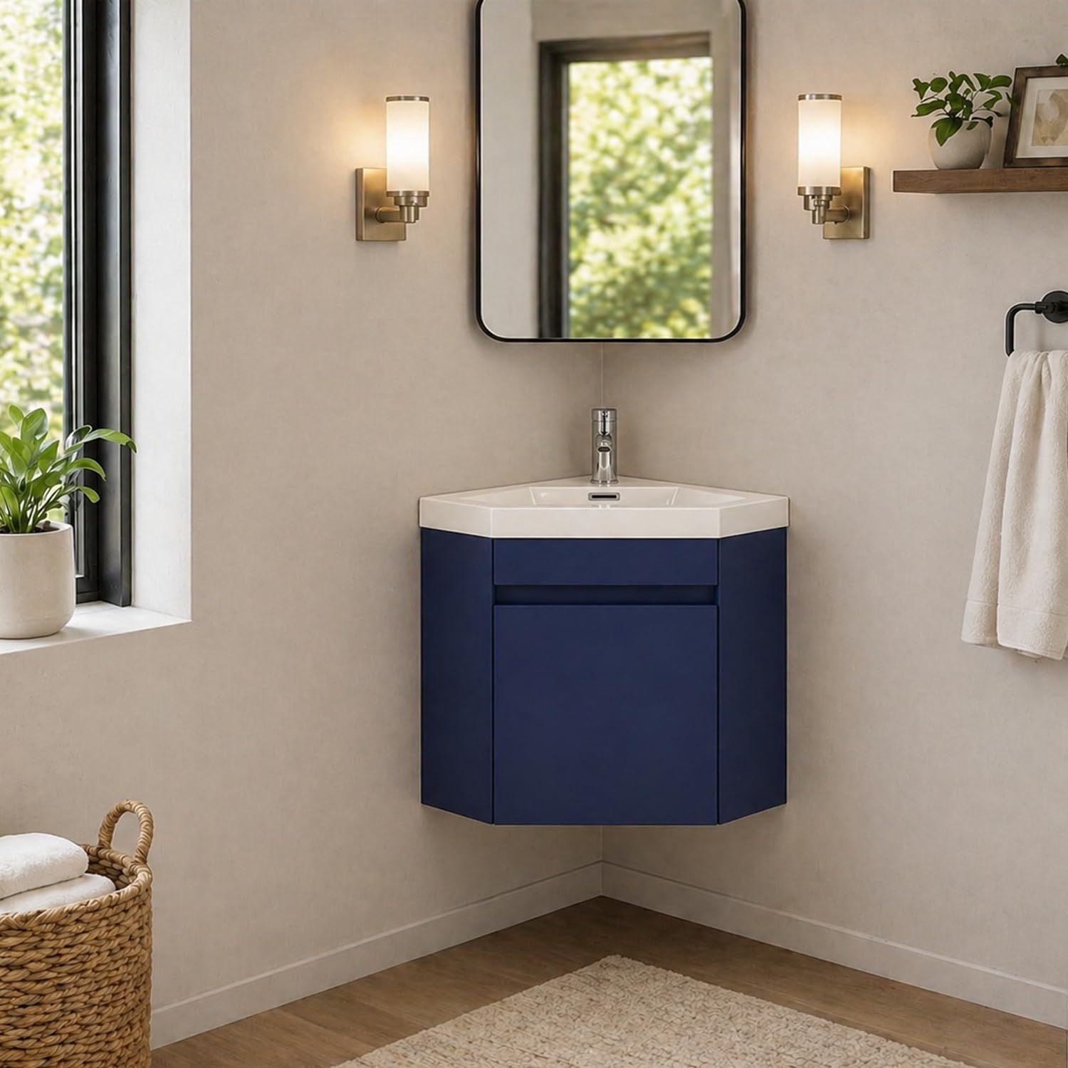 wonline 22' Corner Bathroom Vanity Sink Combo for Small Space Wall Mounted Cabinet Set Design Navy Resin Basin Sink Top Chrome Faucet and Drain