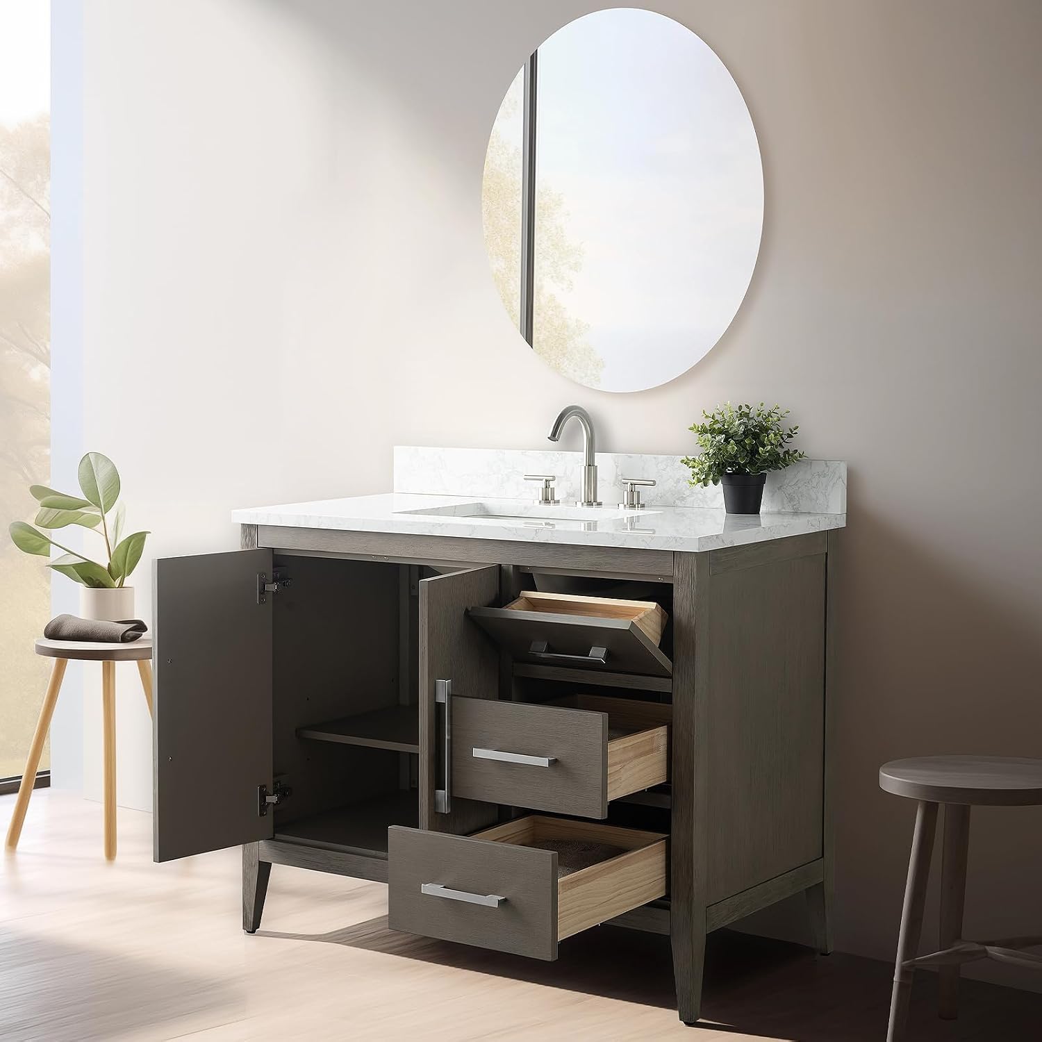 Vanity Art 42 inch Bathroom Vanity with Single Sink & Ceramic Top, Vanity Cabinet with Soft-Closing Doors, Drawers, Solid Wood Frame, Driftwood Gray, Brushed Nickle Handware