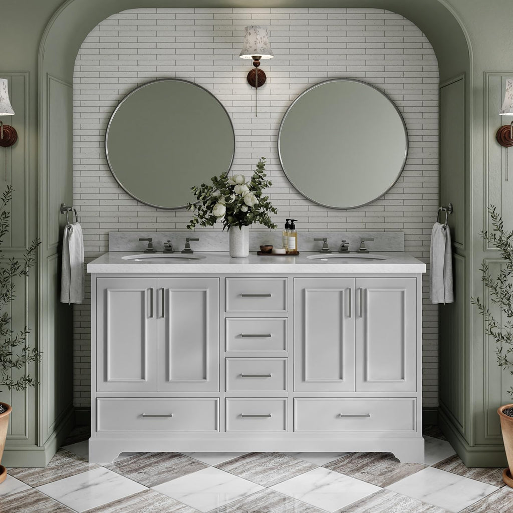 ARIEL Stafford 60-inch Bathroom Vanity with Sink,Solid Wood, 1.5-inch Italian Carrara Marble Countertop & Backsplash, Double Oval Porcelain Sink, 4 Soft Closing Doors, 6 Dovetail Drawers, Grey