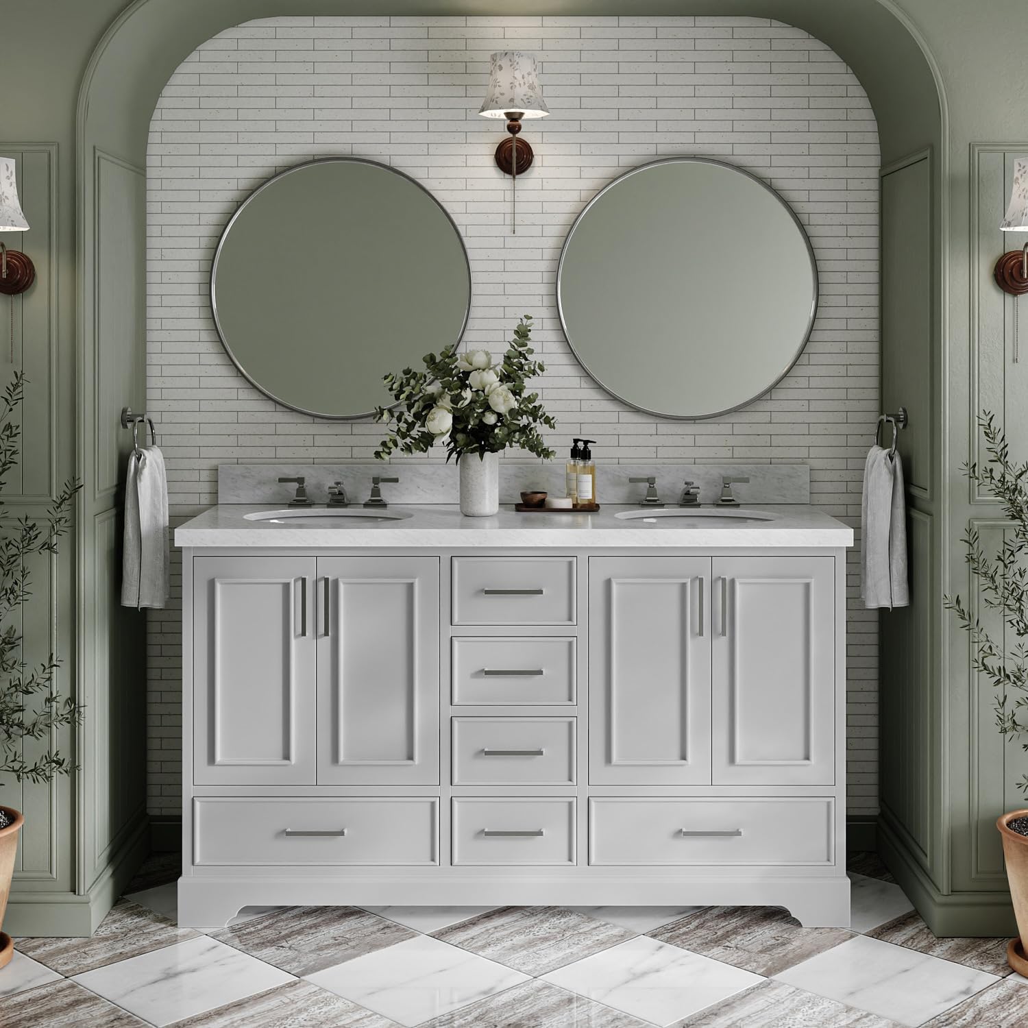 ARIEL Stafford 60-inch Bathroom Vanity with Sink,Solid Wood, 1.5-inch Italian Carrara Marble Countertop & Backsplash, Double Oval Porcelain Sink, 4 Soft Closing Doors, 6 Dovetail Drawers, Grey