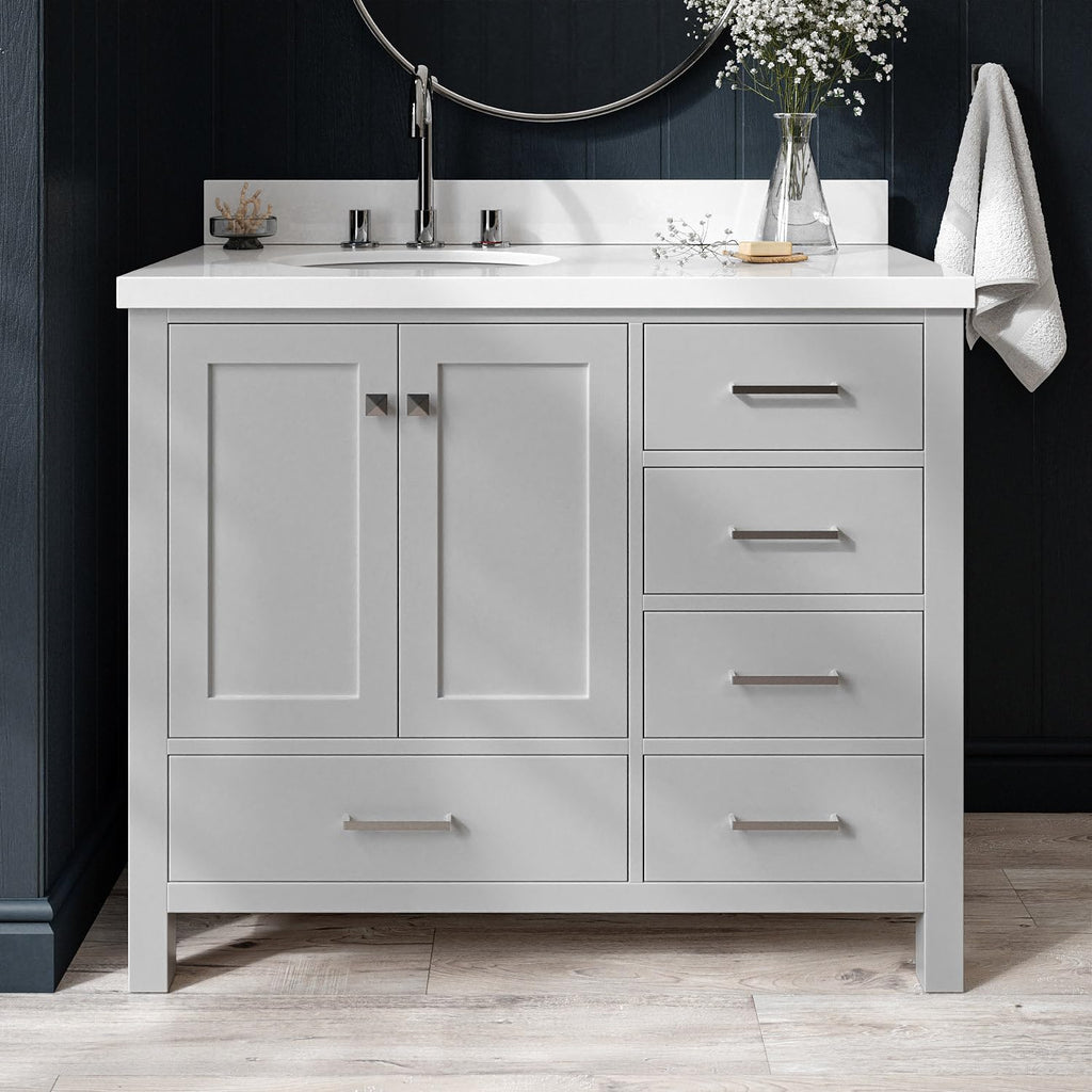 ARIEL Cambridge 42-inch Bathroom Vanity with Sink,Solid Wood, 1.5-inch Pure White Quartz Countertop & Backsplash, Single Oval Porcelain Sink, 2 Soft Closing Doors, 5 Dovetail Drawers, Grey