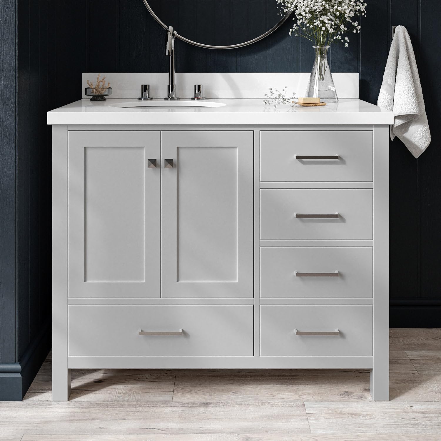 ARIEL Cambridge 42-inch Bathroom Vanity with Sink,Solid Wood, 1.5-inch Pure White Quartz Countertop & Backsplash, Single Oval Porcelain Sink, 2 Soft Closing Doors, 5 Dovetail Drawers, Grey