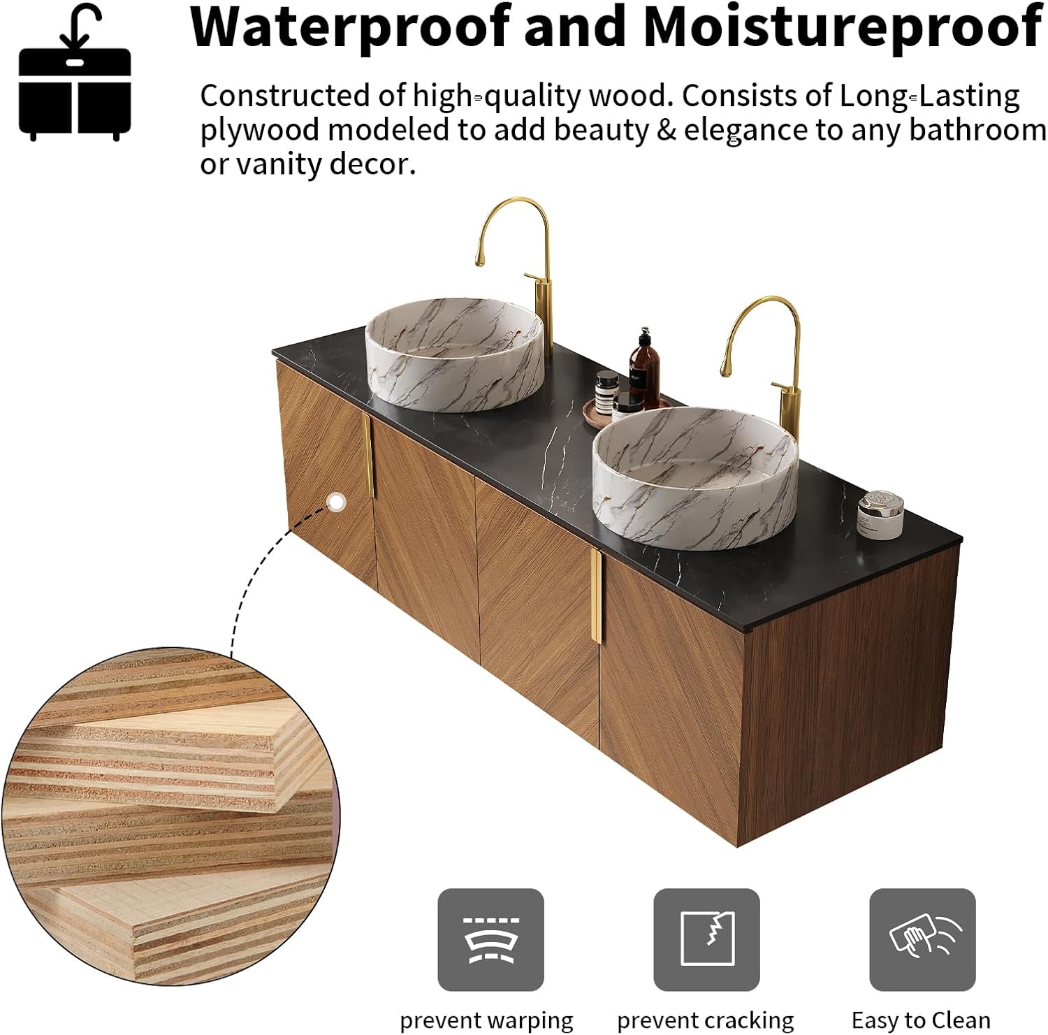 LKTART 60 Inch Bathroom Vanity Double Sink, Double Sink Bathroom Vanity with White Round Ceramic Basins, 4 Doors Modern Wall Mounted Bathroom Storage Cabinet, Black Sintered Stone Countertop, Brown