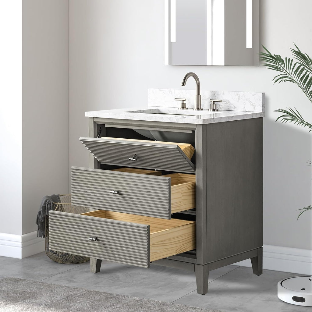Vanity Art 30' Bathroom Vanity with Single Sink & Arabescato White Engineered Stone Top, Vanity Cabinet with Soft Closing Door, Solid Wood Frame, Brushed Nickel Handles, Driftwood Gray VA8130-DG-BN