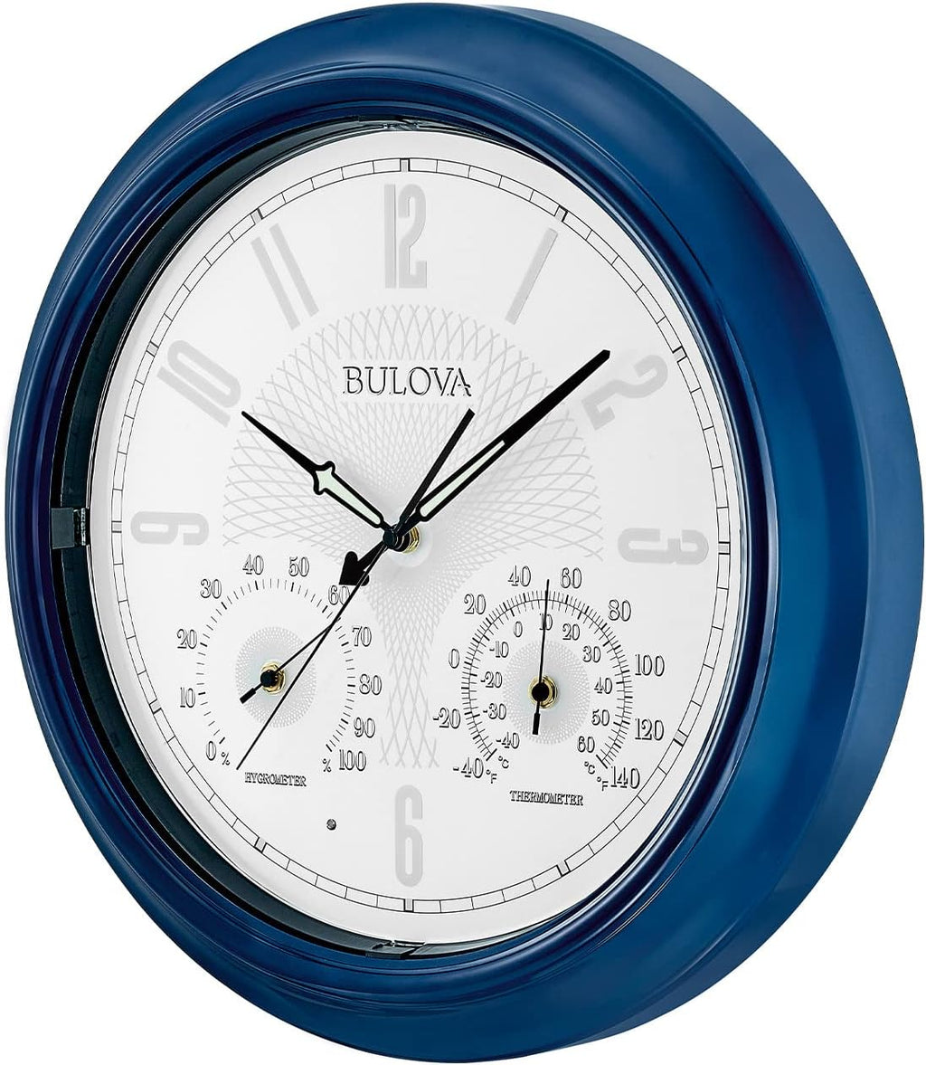 Bulova Tiverton Wall Clock C4885 | 18' Gloss Royal Blue Metal Frame with LED Backlighting | Silent Sweep Quartz Movement | Battery Operated | Weatherproof Outdoor Décor