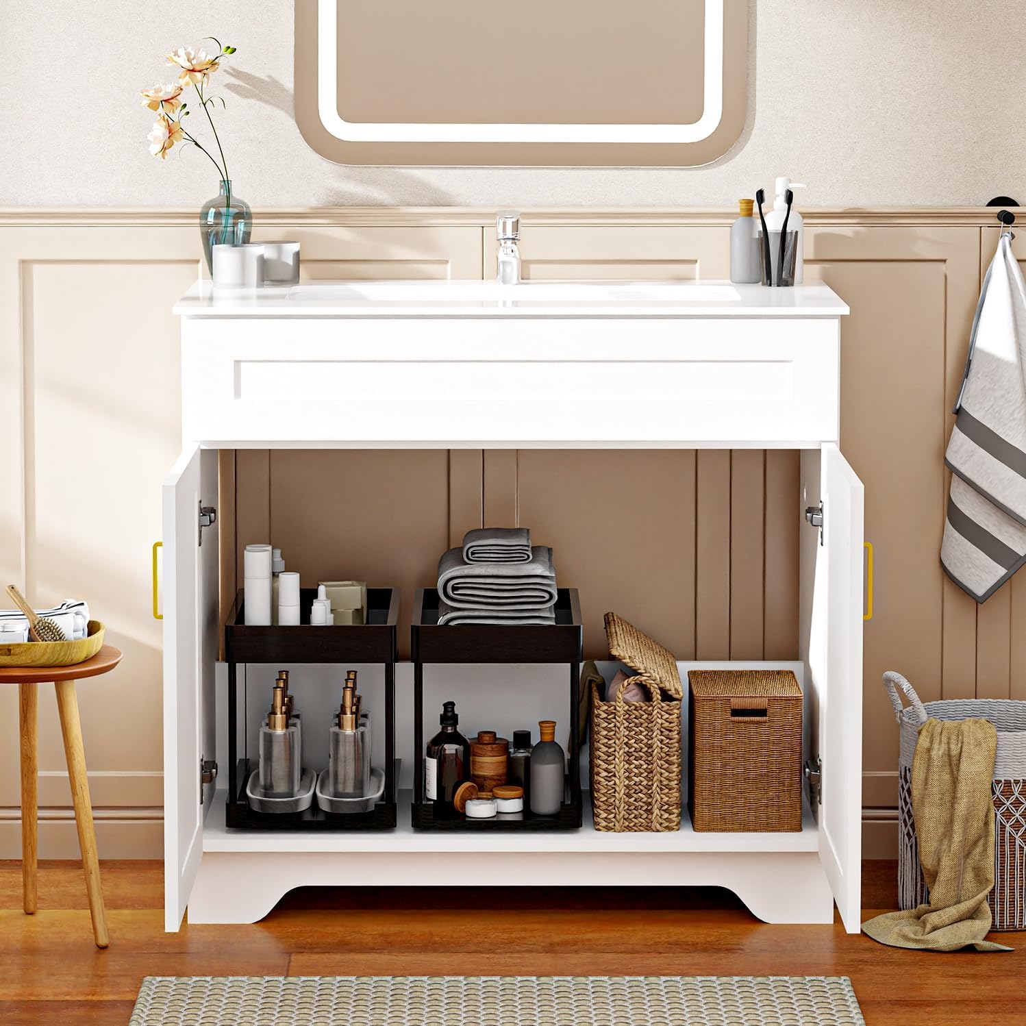36 Inch Bathroom Vanity with Ceramic Sink - Modern Farmhouse Style Sink Cabinet, Easy Tool-Free Installation, for Bathroom Remodel and Upgrade (White)