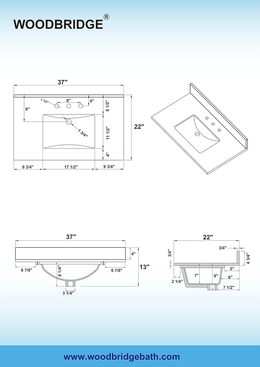 WOODBRIDGE 37' x22' Vanity Top with Single Under Mount Rectangle Bowl, Carrara White Marble, Pre-drilled with 3-hole for 8-inch Widespread Faucet set up Option, CAVT3722-8