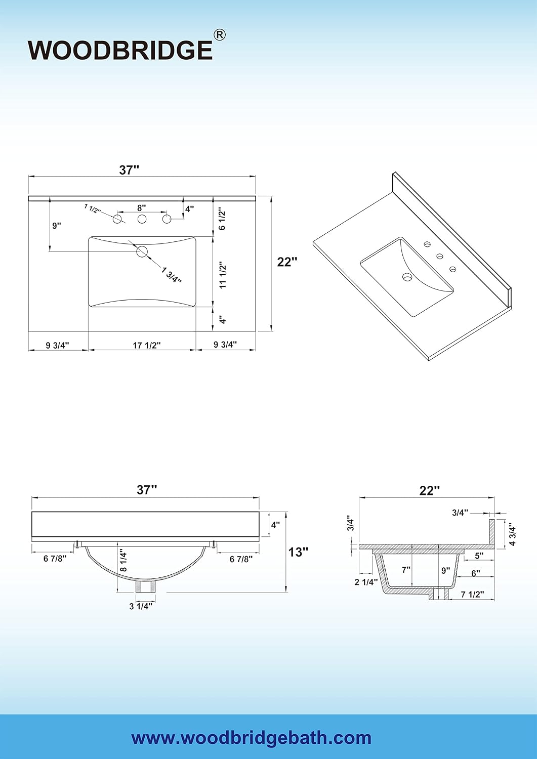 WOODBRIDGE 37' x22' Vanity Top with Single Under Mount Rectangle Bowl, Carrara White Marble, Pre-drilled with 3-hole for 8-inch Widespread Faucet set up Option, CAVT3722-8