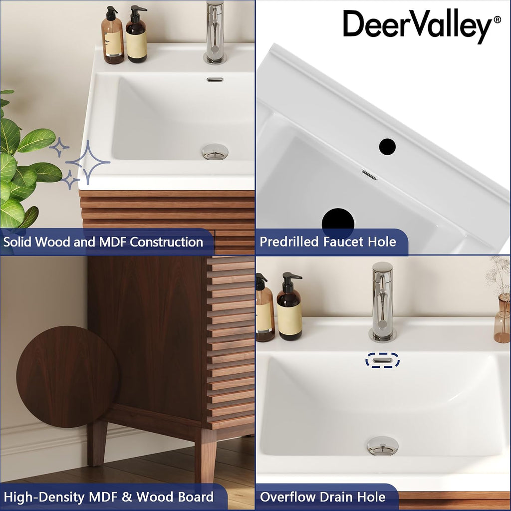 DeerValley 24' Bathroom Vanity with Ceramic Sink Top, Multifunctional Storage Space Vanity, Soft Closing Doors, Pre-Assembled Mid-Century Wood Bathroom Cabinet Sink Combo in Walnut White