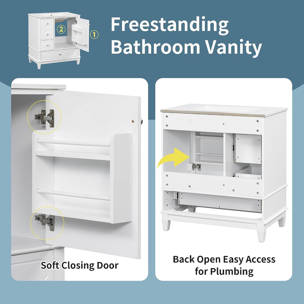 Bathroom Vanity with Ceramic Sink 30 inch, Multi-Functional Storage Cabinet with Drawers and Door Shelf, Solid Wood Frame, Soft-Closing Door, White