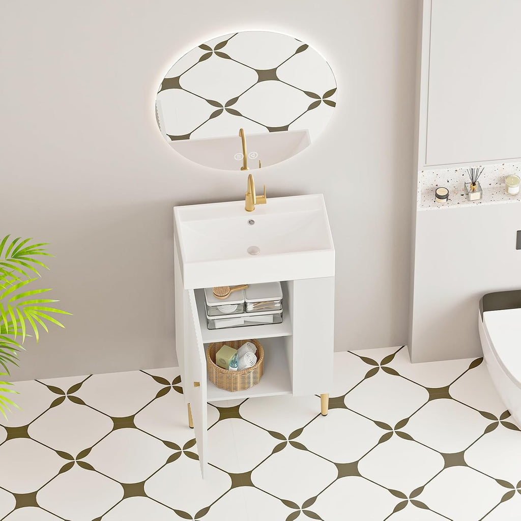 21.6 Inch Bathroom Vanity with Sink, Vanities with Square Ceramic Sink Top and Right Side Storage, Combo Stand Storage Cabinet Set for Small Bathroom (White)