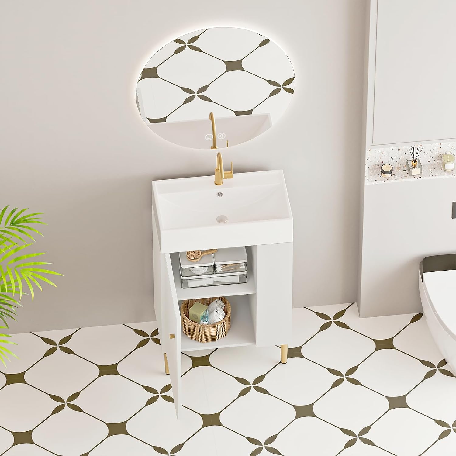 21.6 Inch Bathroom Vanity with Sink, Vanities with Square Ceramic Sink Top and Right Side Storage, Combo Stand Storage Cabinet Set for Small Bathroom (White)