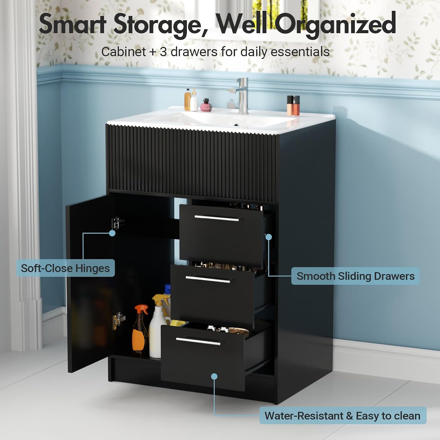 Kikihouse 24 Inch Bathroom Vanity with Sink, Freestanding Modern Bathroom Vanity Cabinet with Ceramic Basin, Single Sink Small Bathroom Vanity for Apartment (Black, 24 inch)