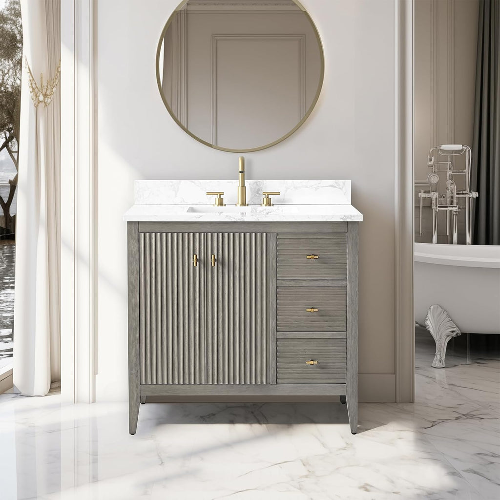 Vanity Art 36 inch Bathroom Vanity with Single Sink & Ceramic Top, Vanity Cabinet with Soft-Closing Door, Solid Wood Frame, Linear Pattern, Driftwood Gray, Golden Brushed Handware VA9136-DG-GB