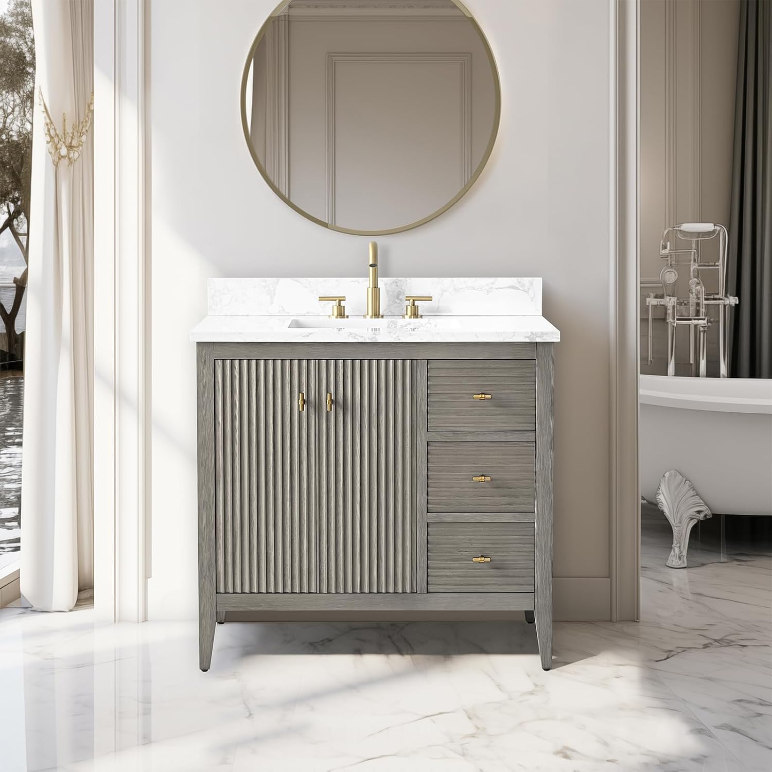 Vanity Art 36 inch Bathroom Vanity with Single Sink & Ceramic Top, Vanity Cabinet with Soft-Closing Door, Solid Wood Frame, Linear Pattern, Driftwood Gray, Golden Brushed Handware VA9136-DG-GB
