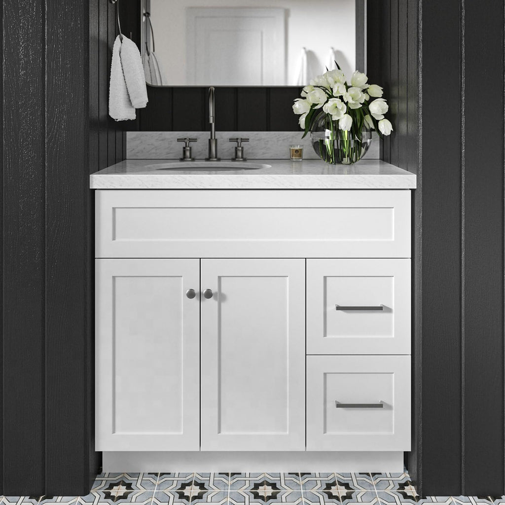 DKB Bradford 36' White Single Bathroom Vanity with Sink, 1.5' Edge Italian Carrara Marble Countertop, Oval Sink, Solid Wood Frame, 2 Soft Closing Doors, 2 Dovetail Drawers, Satin Brass
