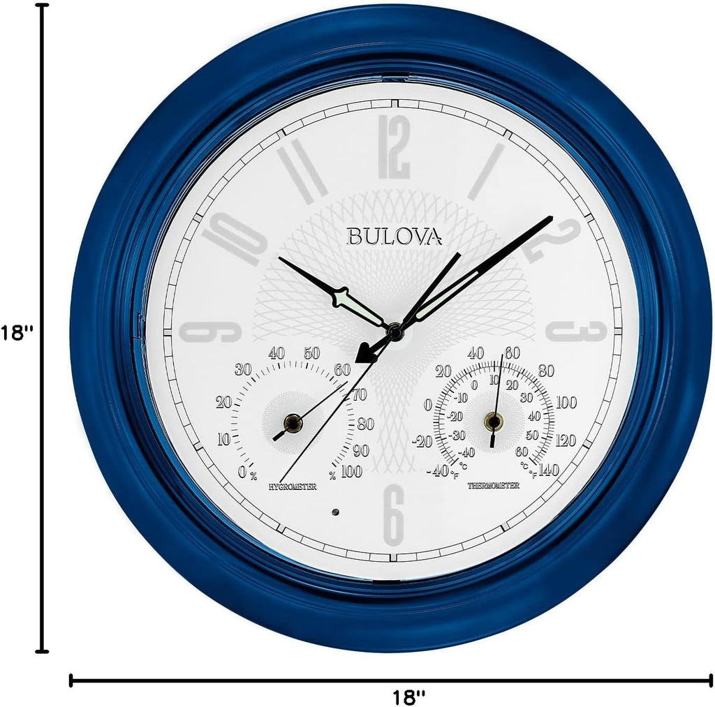 Bulova Tiverton Wall Clock C4885 | 18' Gloss Royal Blue Metal Frame with LED Backlighting | Silent Sweep Quartz Movement | Battery Operated | Weatherproof Outdoor Décor