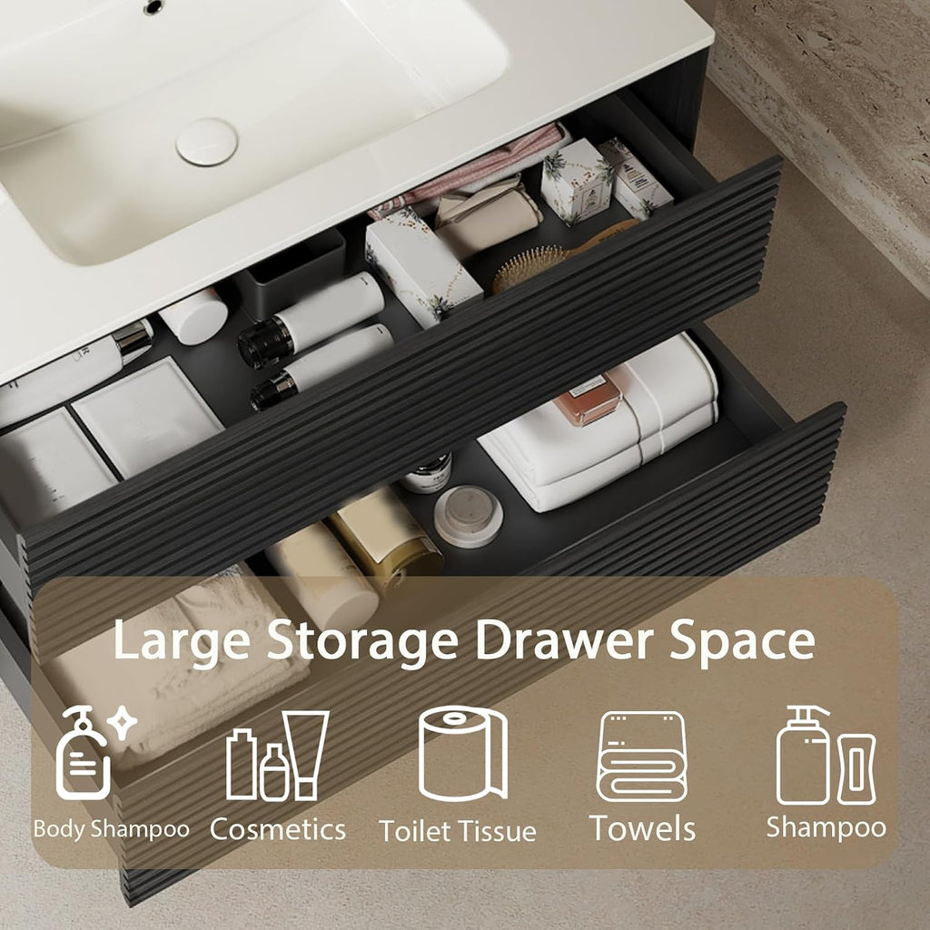 Eleshine 30 inch Floating Bathroom Vanity with Sink, Woodgrain Bathroom Cabinet with 2 Storage Drawer， Pre-Assembled and Integrated Ceramic Basin for Wall Mount Vanities - Dark Oak