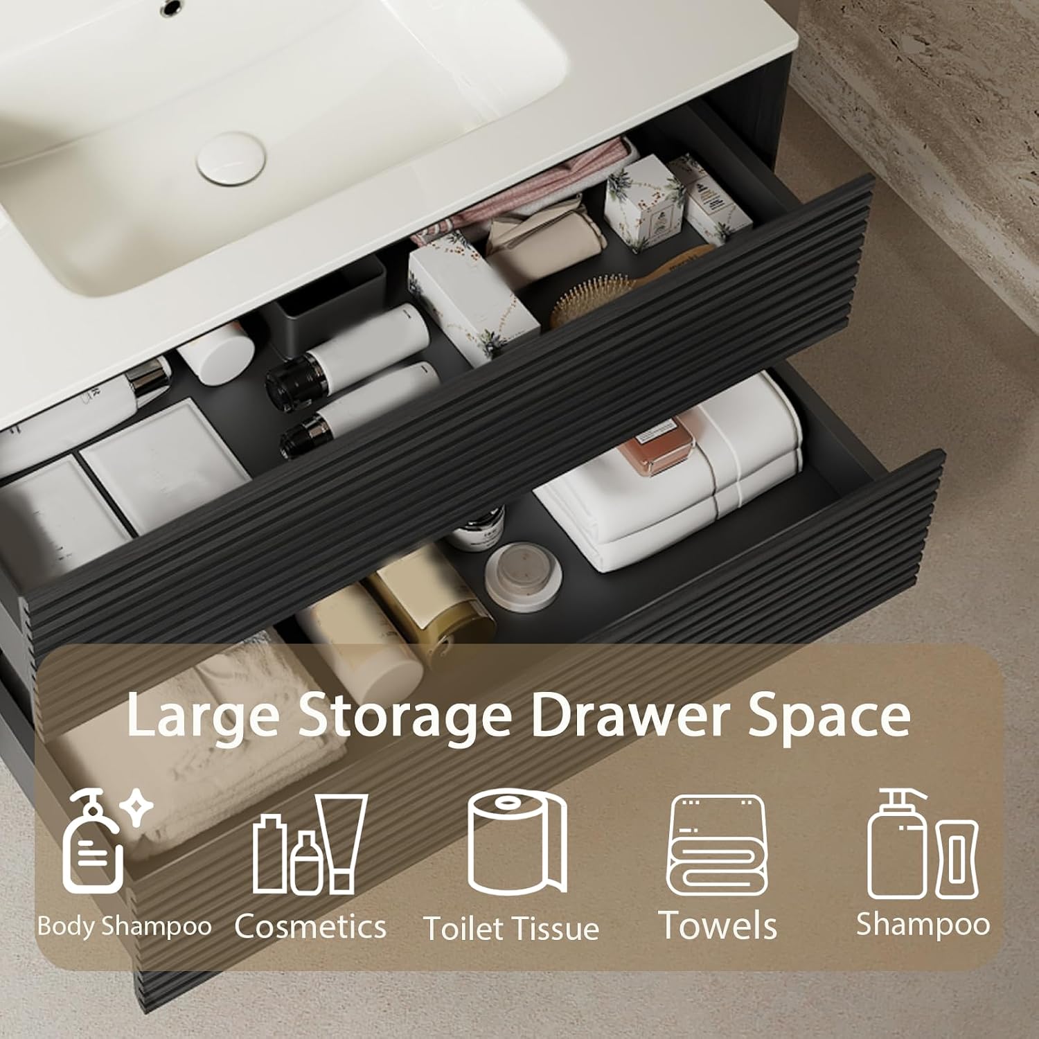 Eleshine 30 inch Floating Bathroom Vanity with Sink, Woodgrain Bathroom Cabinet with 2 Storage Drawer， Pre-Assembled and Integrated Ceramic Basin for Wall Mount Vanities - Dark Oak