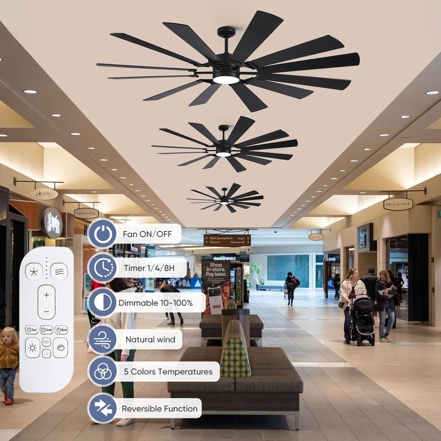 72 Inch Black Ceiling Fan with Light, 12 Dual-finish Blades Large Outdoor Ceiling Fan, Modern Industrial Cieling Fan with Reversible DC Motor, 3CCT, Dimmable LED for Garage, Patio, Indoor, Outdoor