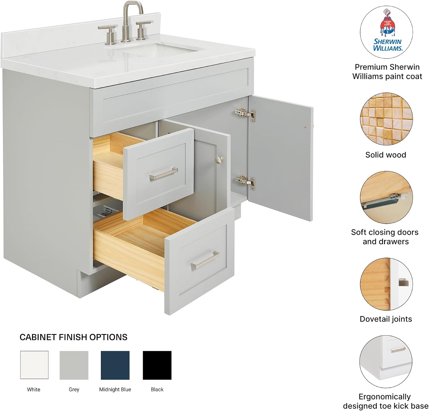 DKB Bradford 42' Gray Single Bathroom Vanity with Rectangular Undermount Sink, 1.5' Carrara Quartz Countertop, Solid Wood Frame, 2 Soft Closing Doors, 2 Full Extension Drawers, Brushed Nickel